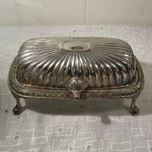 Vintage Silver Plated Roll Top Footed Butter Dish with Glass Insert